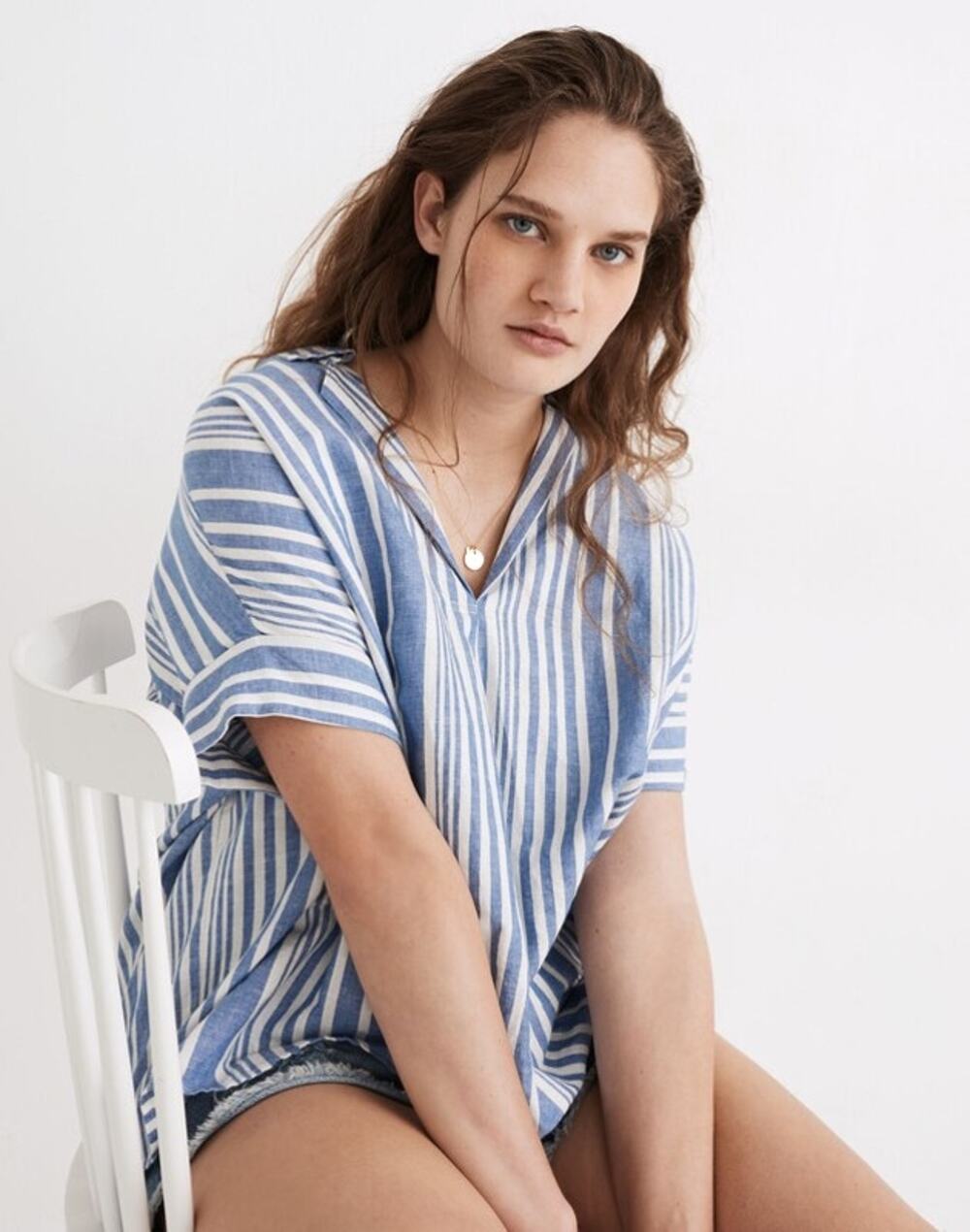 Madewell Light Blue & White Striped Short-Sleeve Button-Down Top